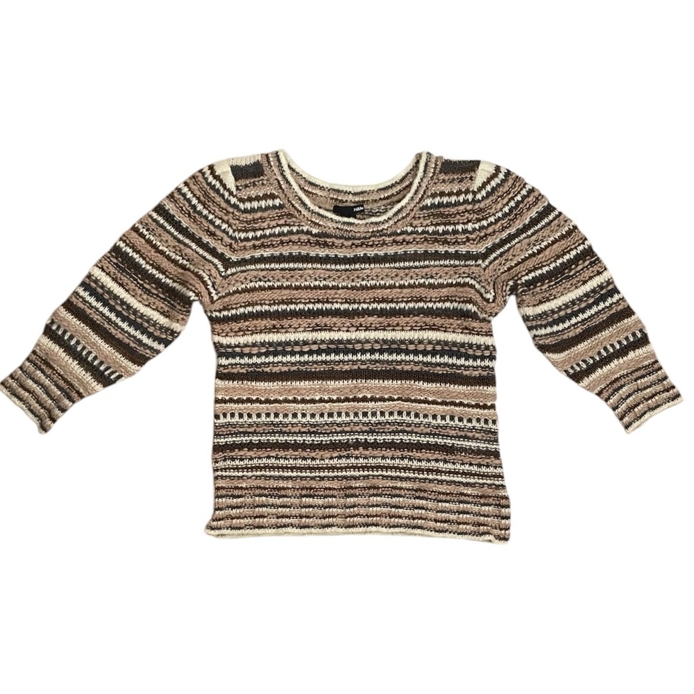 H&M Striped Crochet Sweater Metallic 3/4 Sleeves Wool Alpaca